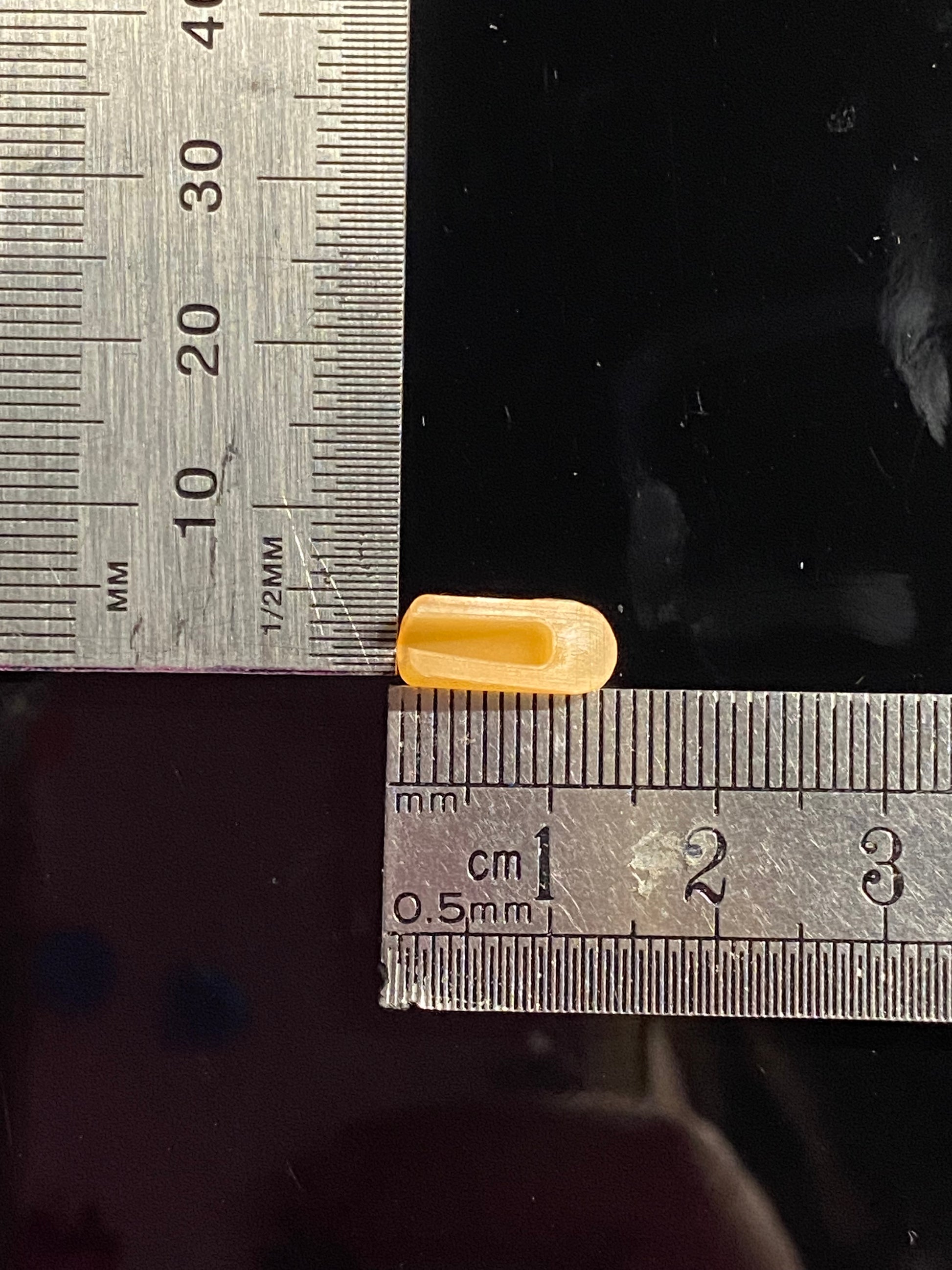 orange end cap set against rulers to provide base and length measurement. Inverse view