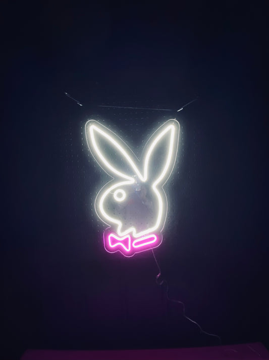 White LED Neon Playboy bunny logo with Pink Neon bow on clear acrylic