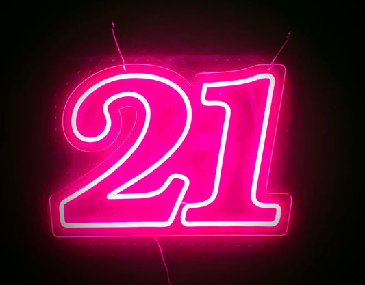 Hot Pink LED Neon "21" numbering on clear acrylic