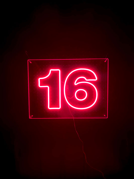 Pink LED Neon "16" numbering on acrylic