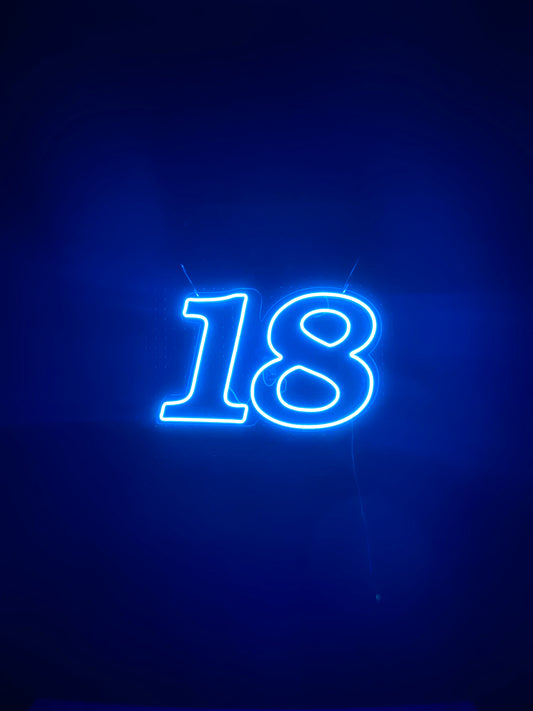 Ice Blue LED Neon "18" numbering on clear acrylic drop shadow