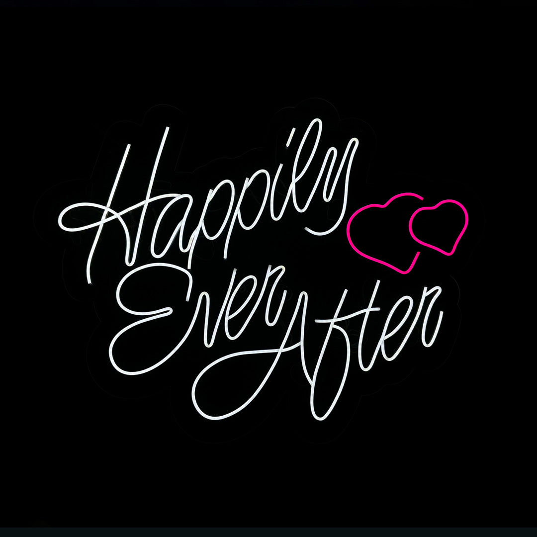 White LED Neon "Happily Ever After" cursive with 2 Pink LED neon hearts on clear acrylic