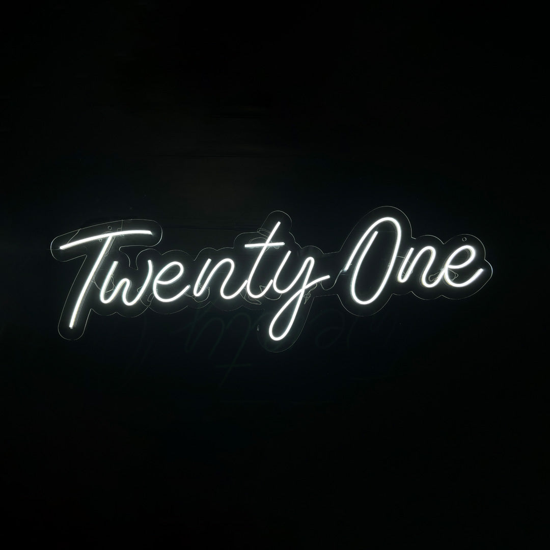 White LED Neon "Twenty One" cursive on clear acrylic