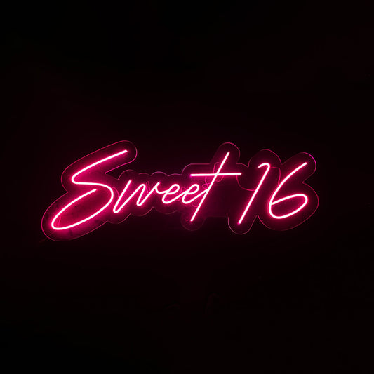 Hot Pink LED Neon "Sweet 16" cursive on clear acrylic with table top stands