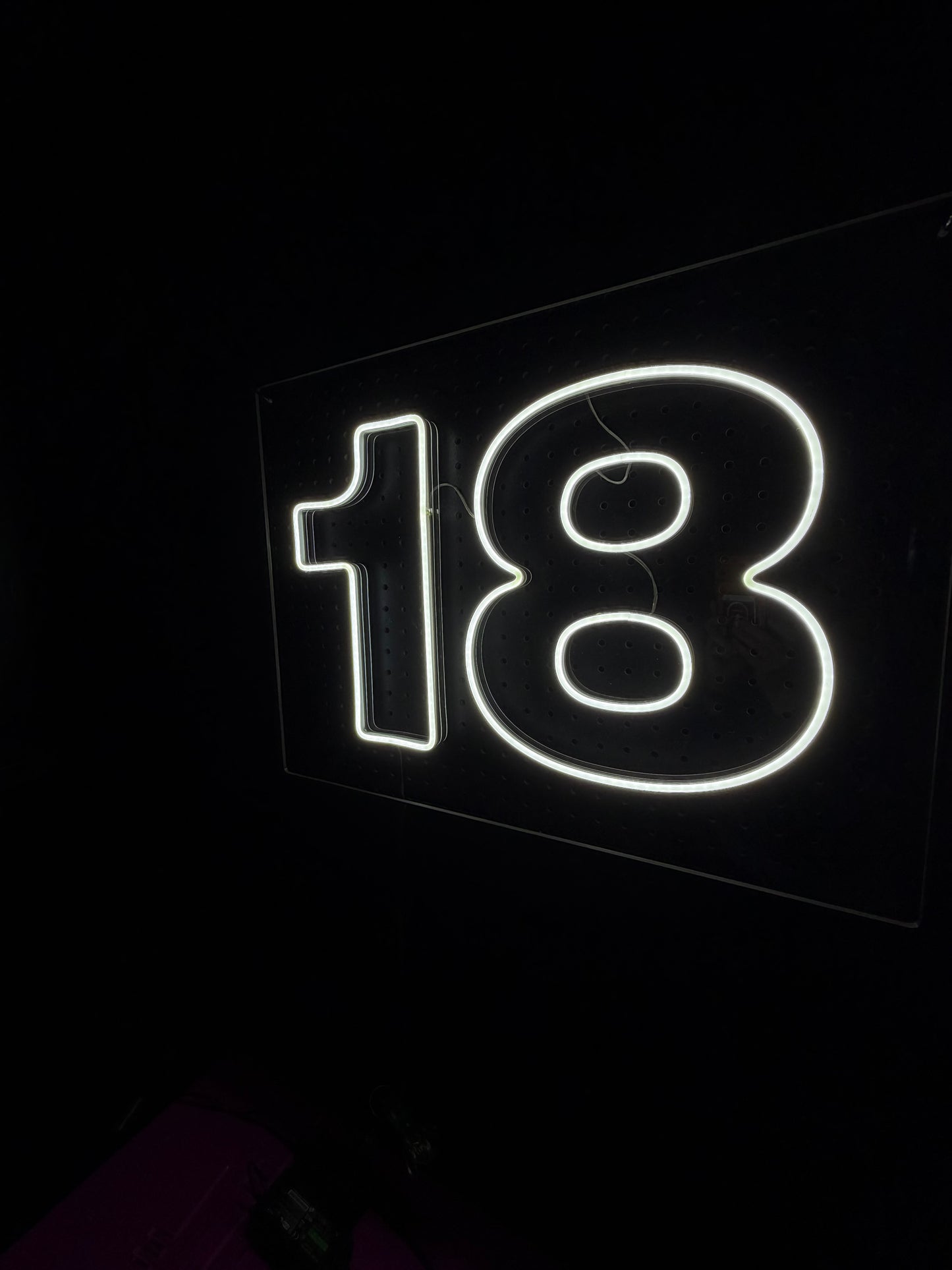 White LED Neon "18" numbering on clear acrylic