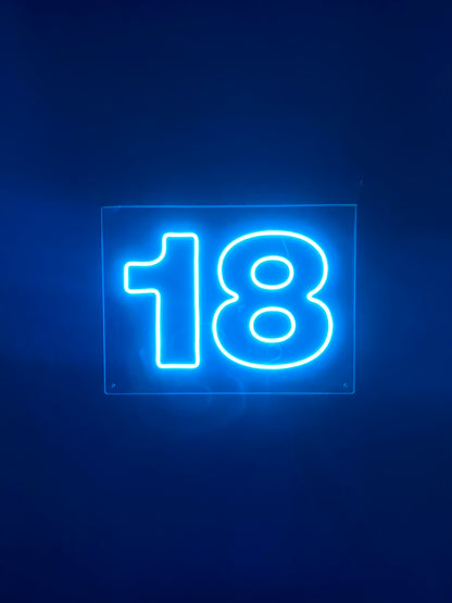 Ice Blue LED Neon "18" numbering on clear acrylic