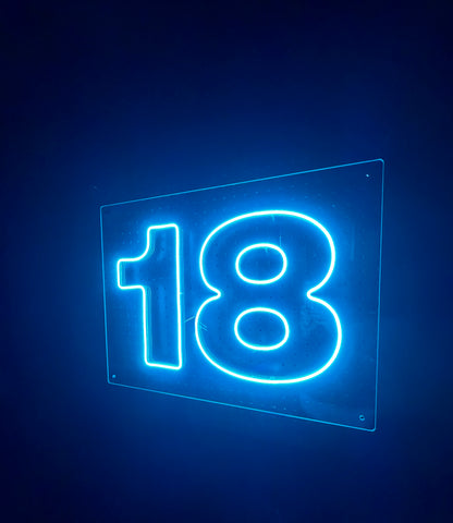 Ice Blue LED Neon "18" numbering on clear acrylic