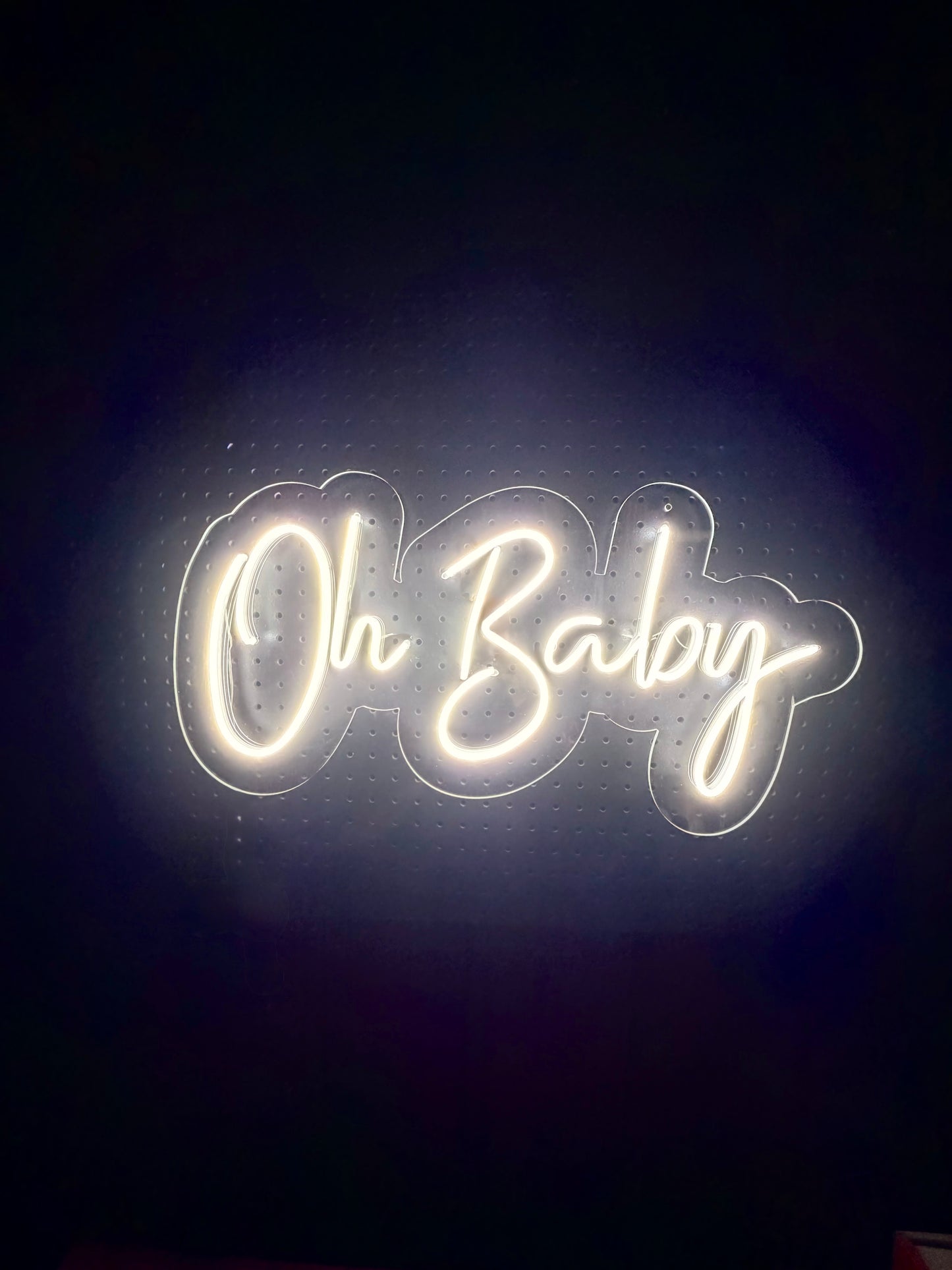 White LED Neon "Oh Baby" cursive on clear acrylic