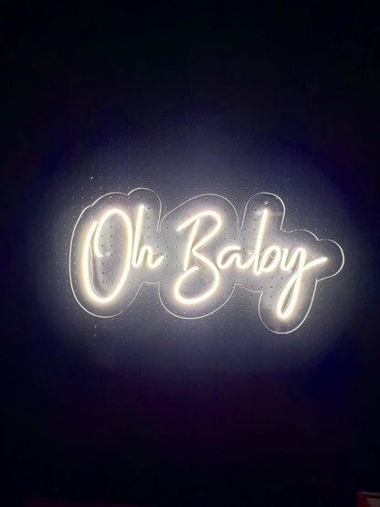 White LED Neon "Oh Baby" cursive on clear acrylic