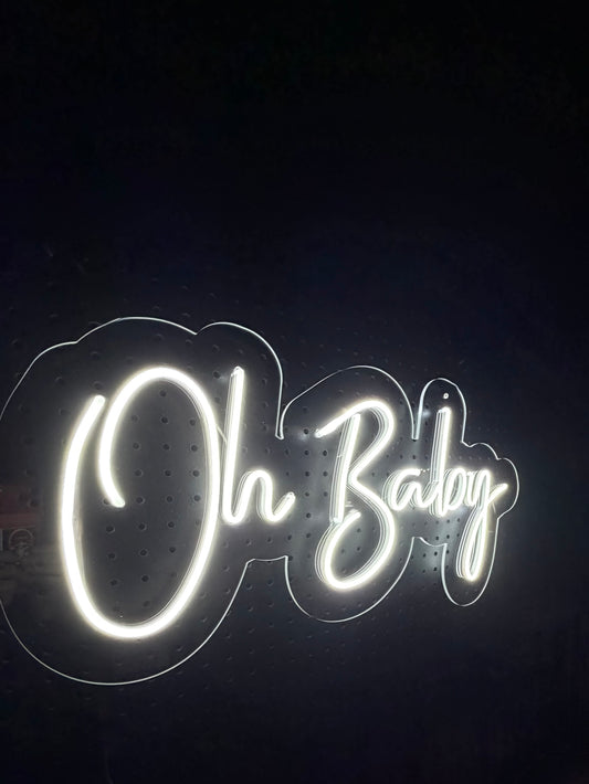 White LED Neon "Oh Baby" cursive on clear acrylic