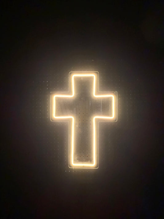 Warm White LED Neon Cross on clear acrylic