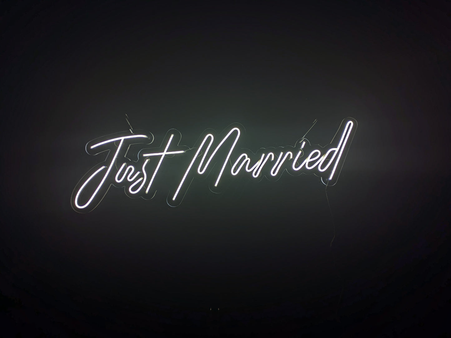 White LED Neon "Just Married" cursive on clear acrylic