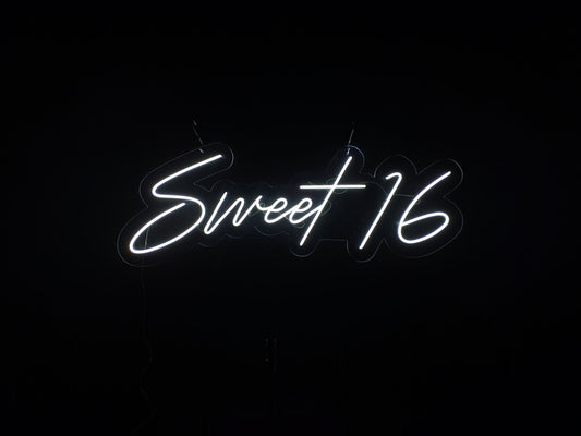 White LED Neon "Sweet Sixteen" cursive on clear acrylic
