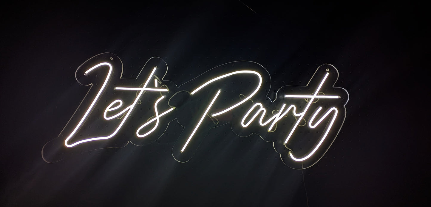 White LED Neon "Let's Party" cursive on clear acrylic