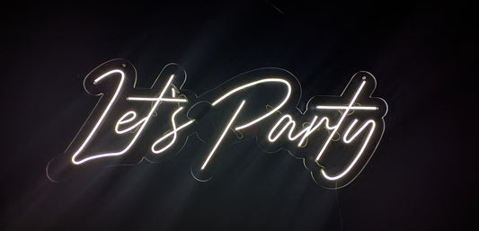 White LED Neon "Let's Party" cursive on clear acrylic