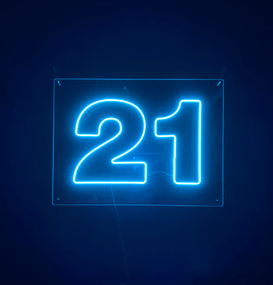 Ice Blue LED Neon "21" numbering on acrylic