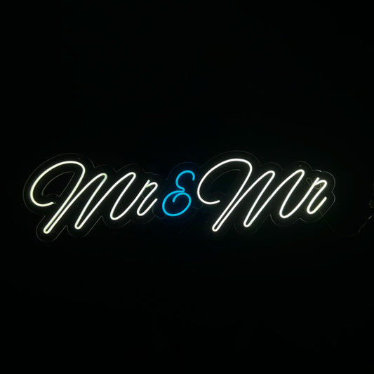 White LED Neon "Mr & Mr" cursive with blue ampersand on clear acrylic